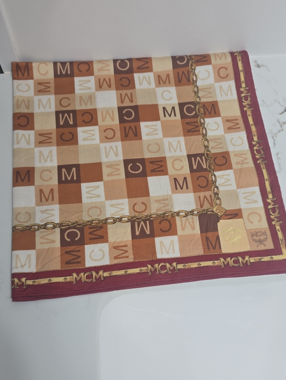 MCM Checkerboard Logo & Chain-Print Silk Scarf in Brown, Cream & Burgundy